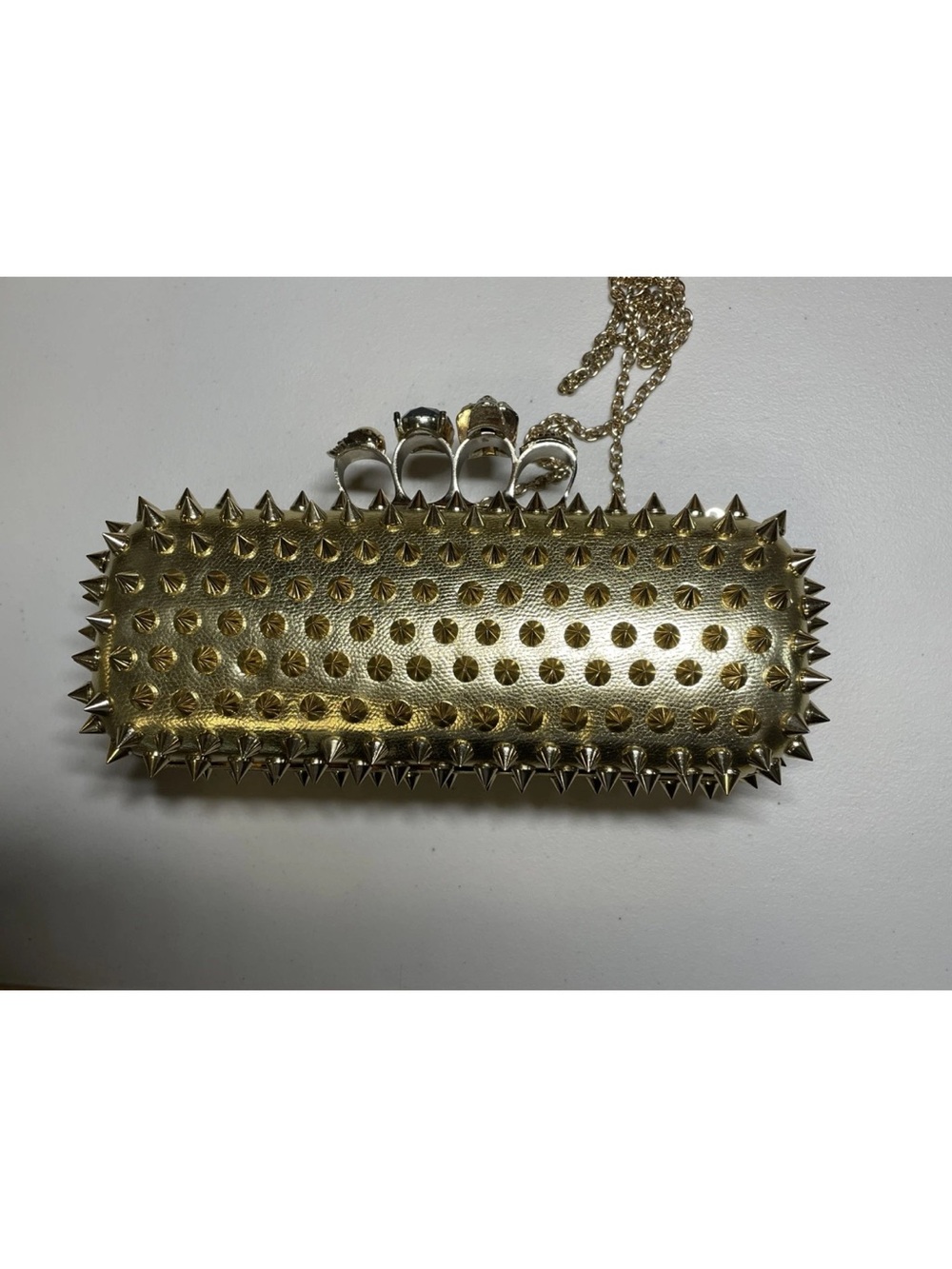 Edgy style Gold Spike Evening Clutch/ crossbody bag with skull knuckle handle - Picture 13 of 13